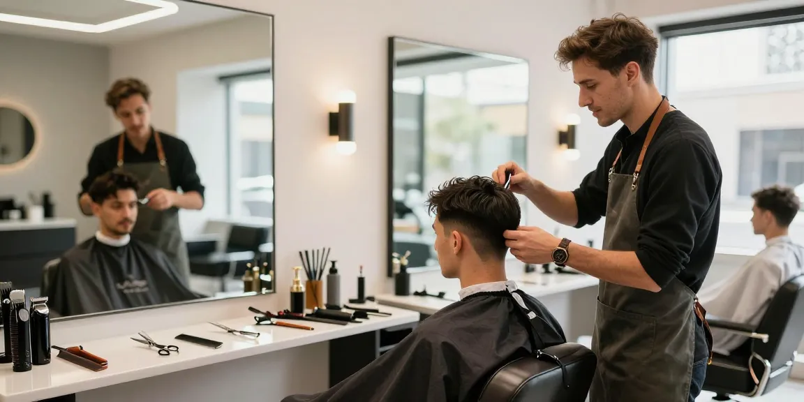 rokok88 barber shop with stylist and client showcasing modern haircuts in a bright, inviting environment