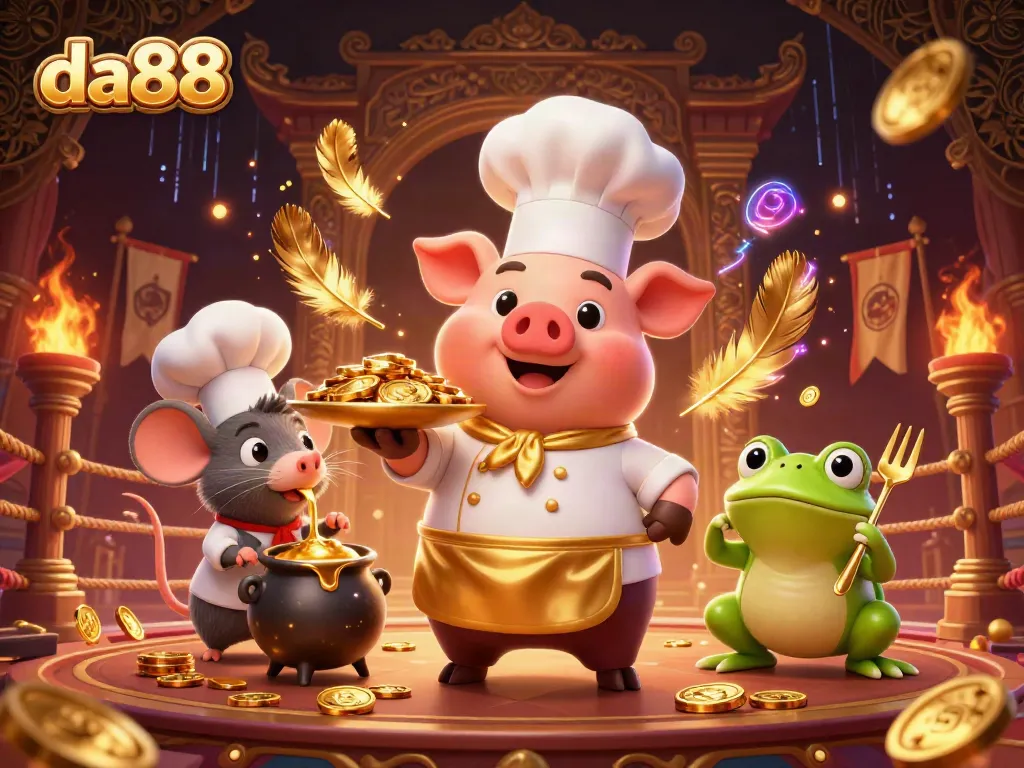 Spin and win with da88: a vibrant online casino scene featuring a pig chef serving gold coins.
