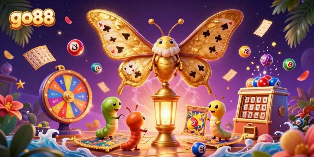 go88 showcases a vibrant casino-themed scene with a moth, lottery balls, and gaming elements.