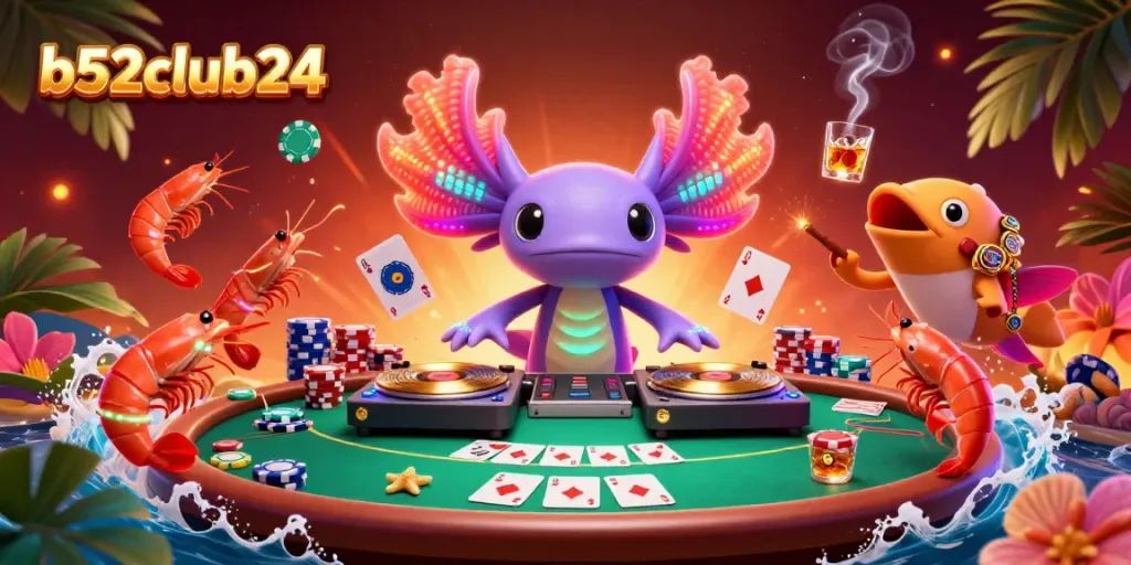 Experience the thrilling vibe of b52club24 with a neon axolotl DJ, glowing shrimp dancers, and poker elements.
