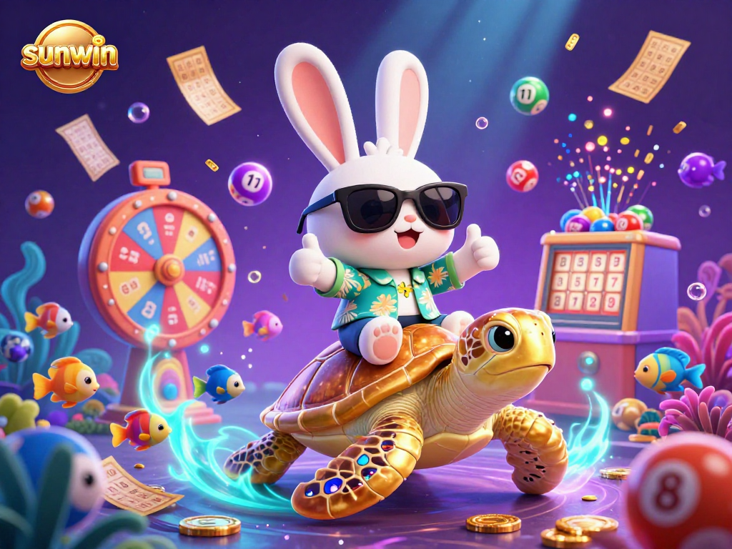 Join the sunwin celebration with a lucky rabbit and turtle in a vibrant casino adventure.