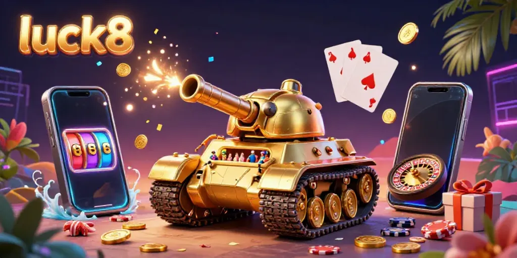 Experience the excitement of luck8 with a vibrant casino scene featuring a golden beetle tank and casino games.