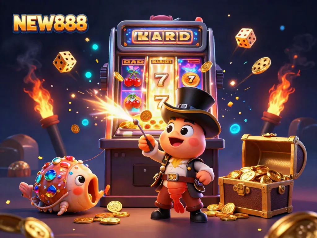 NEW888 slot machine scene with glowing anglerfish, pirate shrimp, and gemstone snail generating excitement.