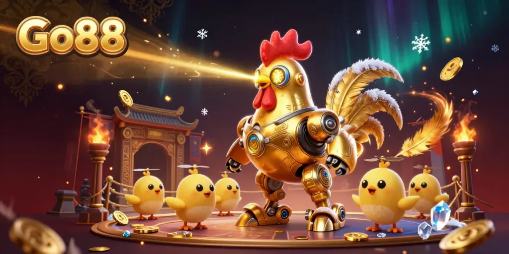 Engage with Go88's thrilling gameplay in an exciting 3D scene featuring a golden rooster robot and baby chick drones.