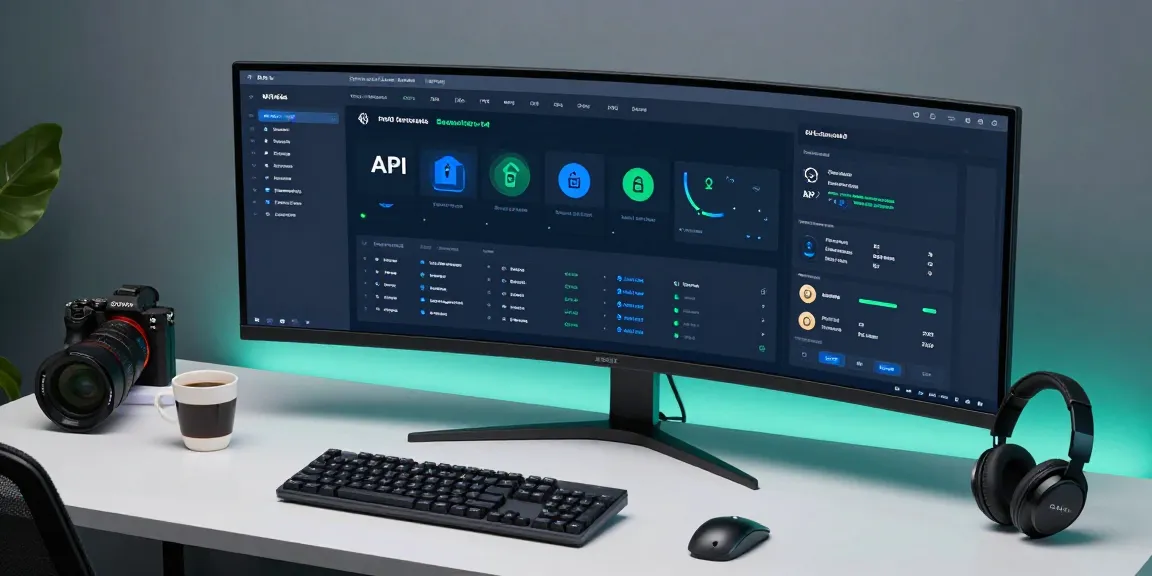 Waygrid's API management platform depicted in a modern workspace, featuring advanced software development tools and cybersecurity elements.