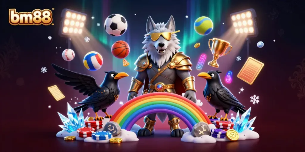 Experience thrilling gaming with bm88 featuring an Odin wolf and two ravens in a vibrant casino setting.