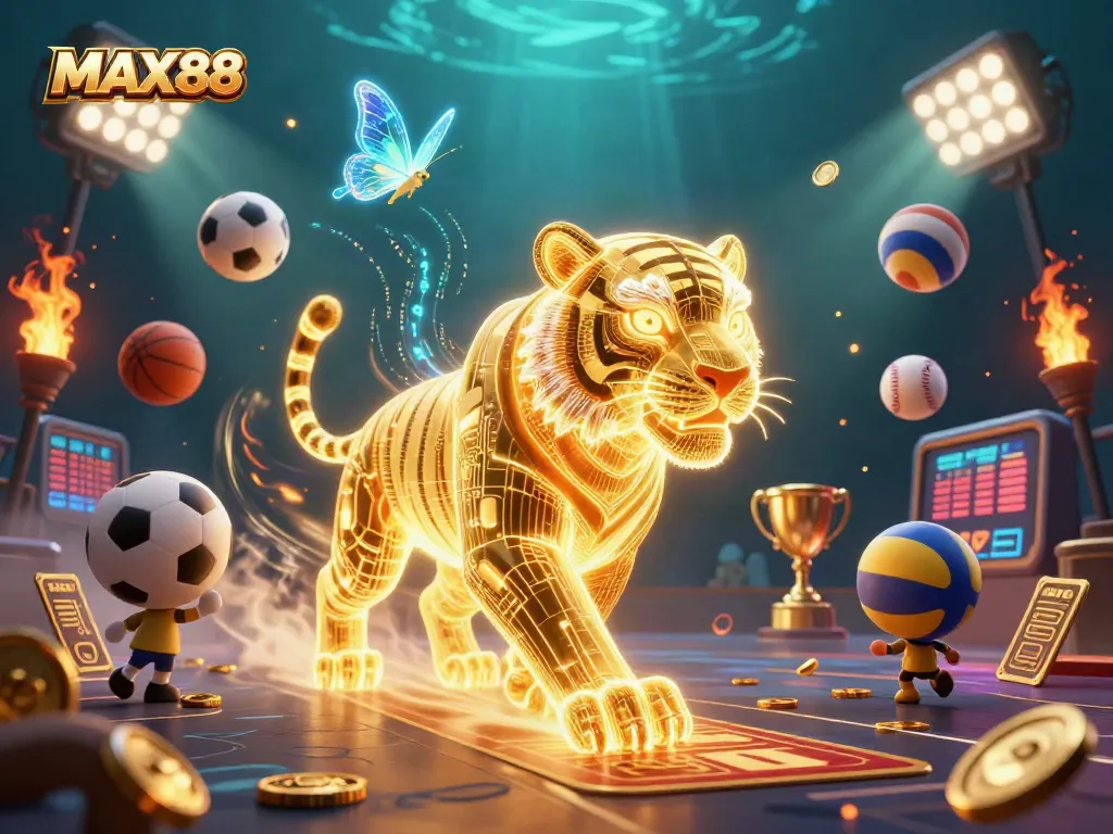 MAX88 gaming scene featuring a golden tiger and dynamic sports elements for an engaging experience.