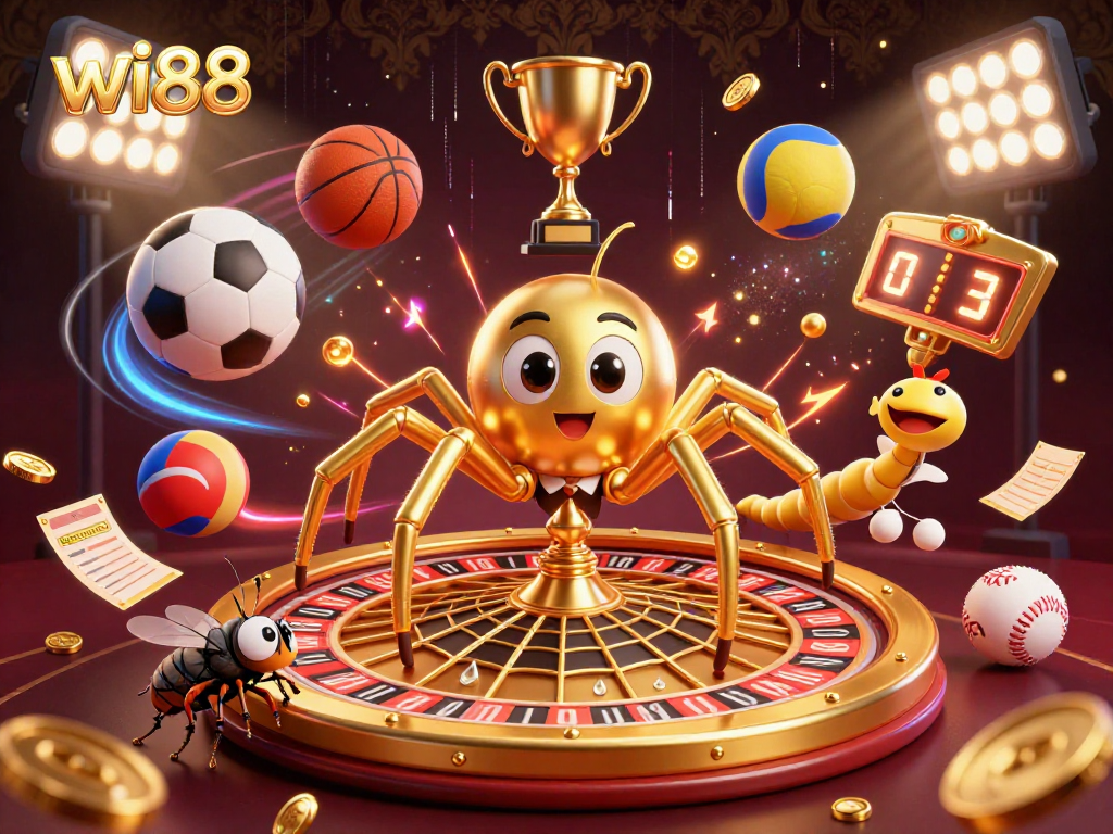 Engage with wi88's dynamic betting scene featuring a golden spider as the dealer and sports excitement.