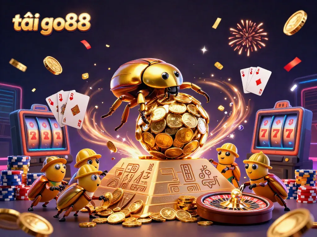 Spin to win exciting rewards with tải go88 in this vibrant 3D casino illustration featuring golden coins and vibrant game elements.