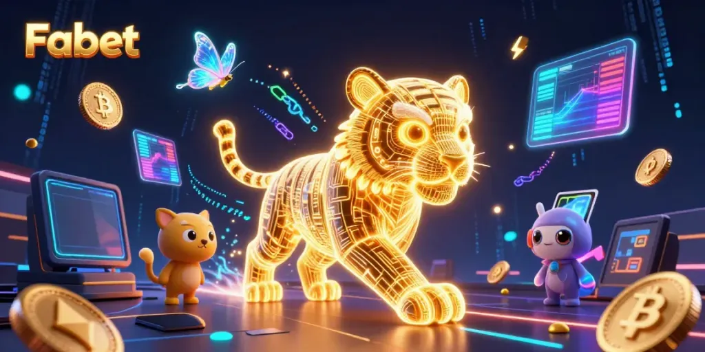 Fabet players winning big with neon-wireframe golden tiger in a vibrant digital casino.