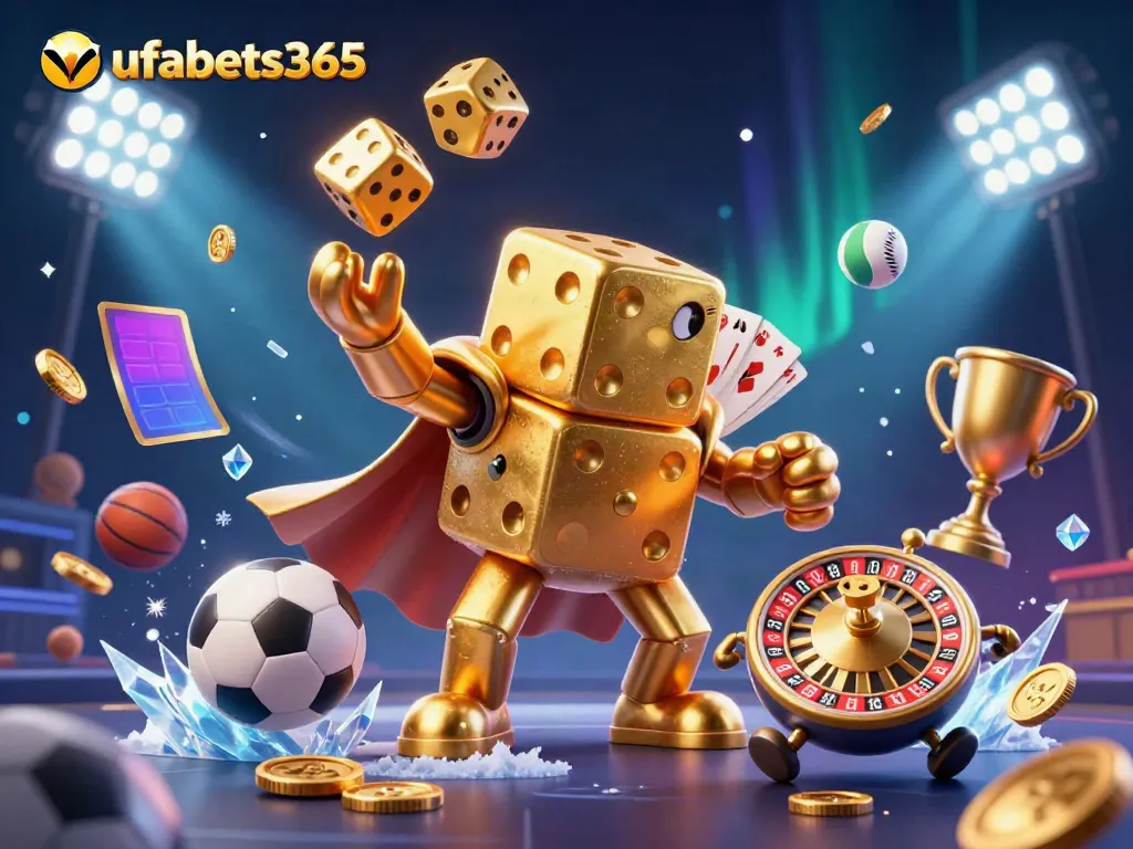 Experience thrilling moments with ufabets365 in a dynamic online casino atmosphere featuring golden dice and sports elements.