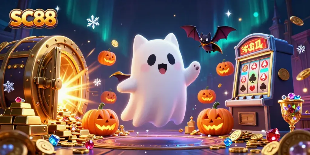 SC88 ghost cat explores captivating casino treasures in an enchanted gaming scene.