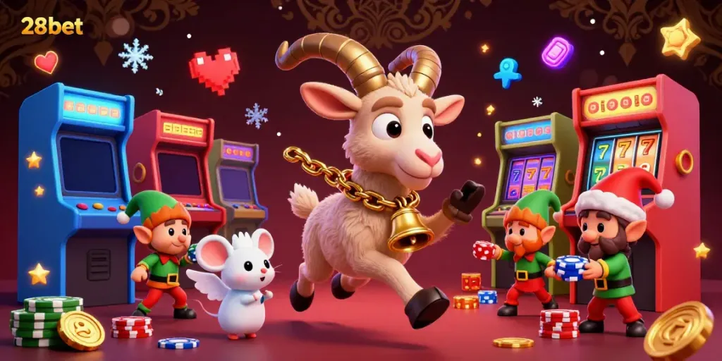 Join the festive fun at 28bet's lively casino with elves and festive characters stealing poker chips.