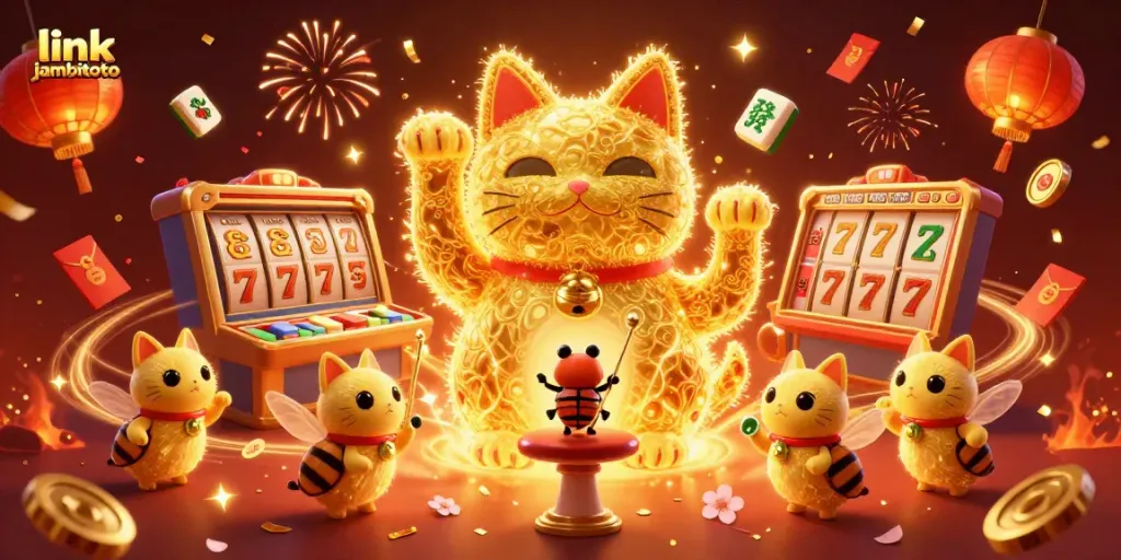 Join the excitement with the link jambitoto as the lucky cat waves alongside vibrant casino symbols.