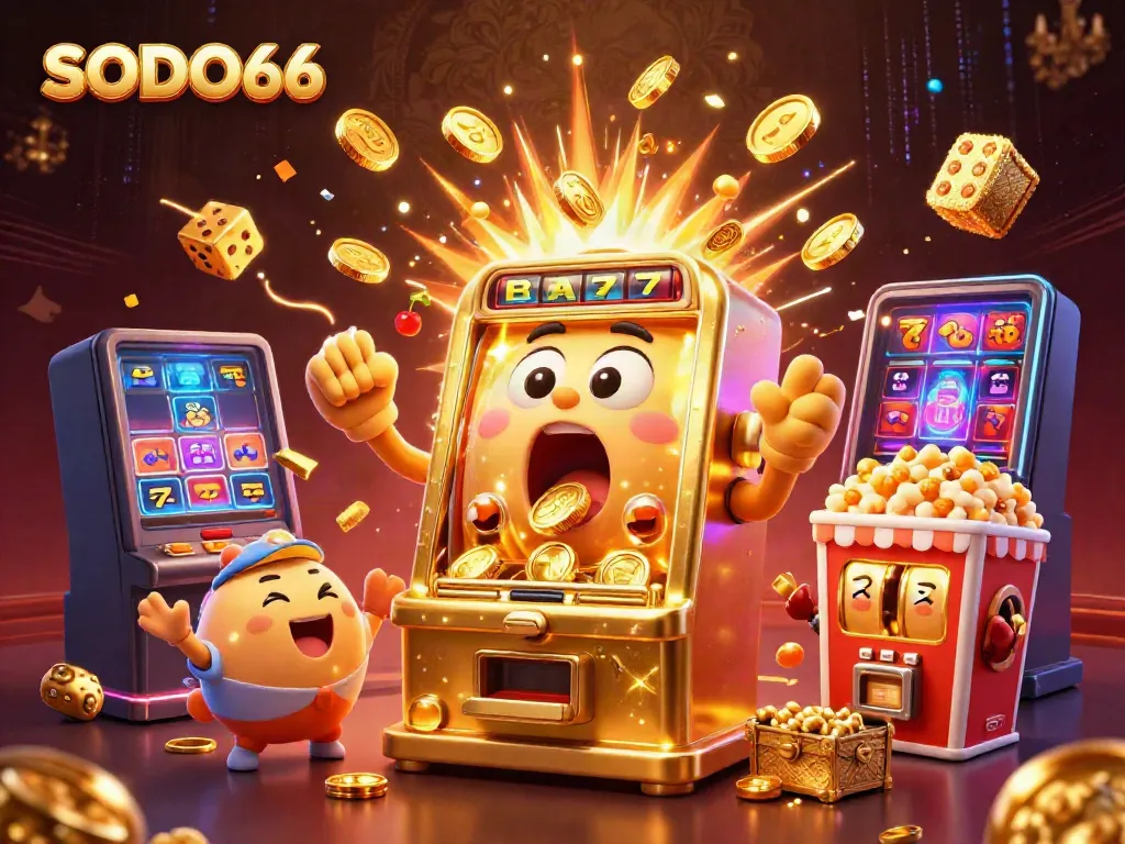 SODO66's golden slot machine celebrates a jackpot with baby machines cheering and coins pouring in an exciting casino scene.