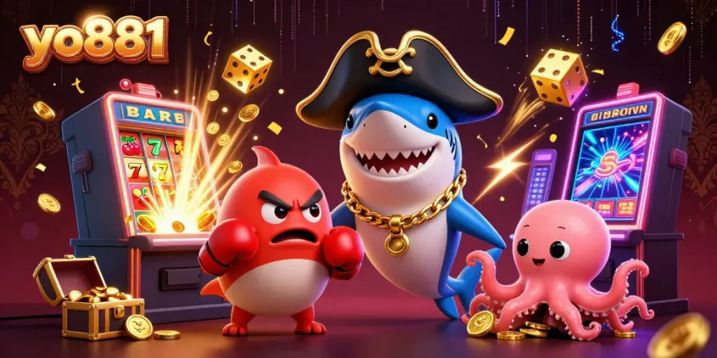 Experience the excitement of yo881 with cartoon characters celebrating a jackpot explosion in a vibrant casino atmosphere.