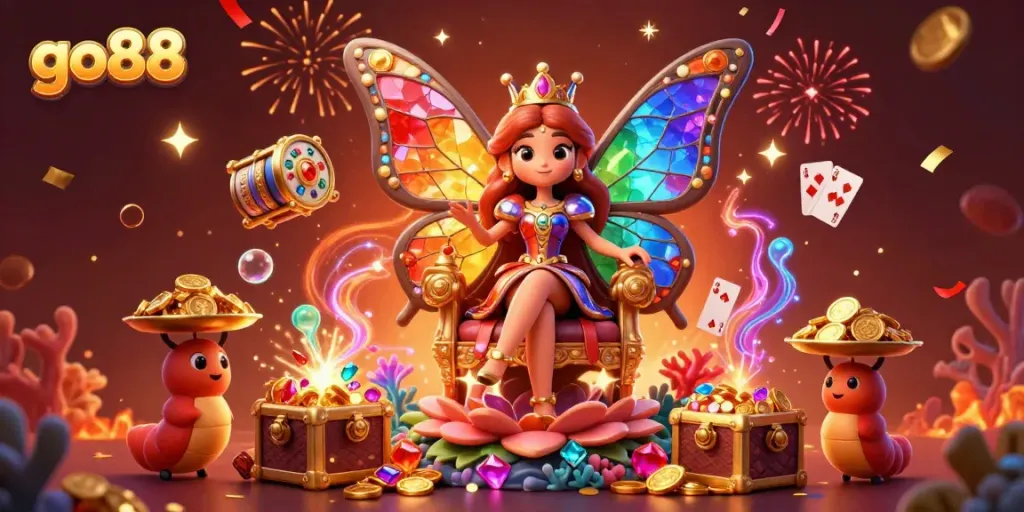 Engage with the exciting world of go88 as a butterfly queen reigns over a vibrant treasure-filled scene with slots, golden coins, and underwater treasures.