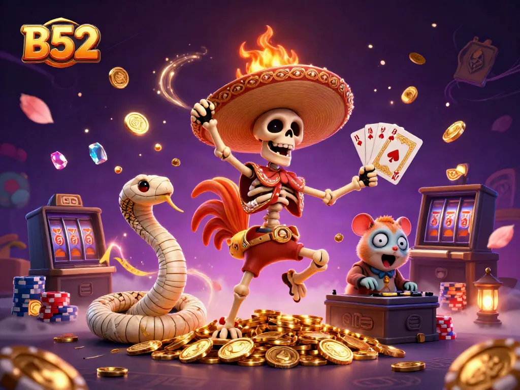 Celebrate wins at B52 with a vibrant, festive illustration of casino game characters and elements.