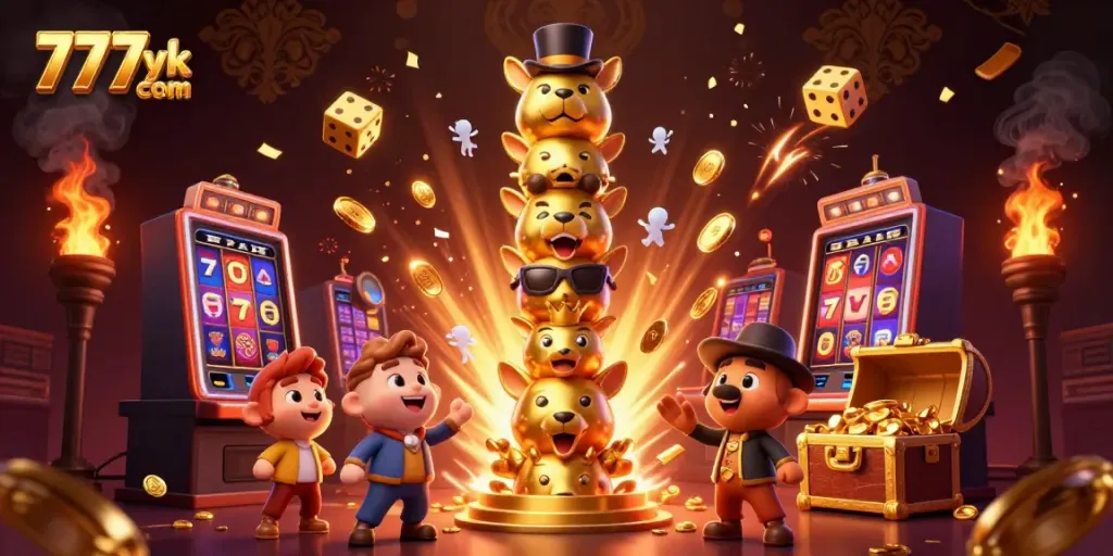 Experience vibrant wins at 777yk com with animated totem and bursting slot machine scene.