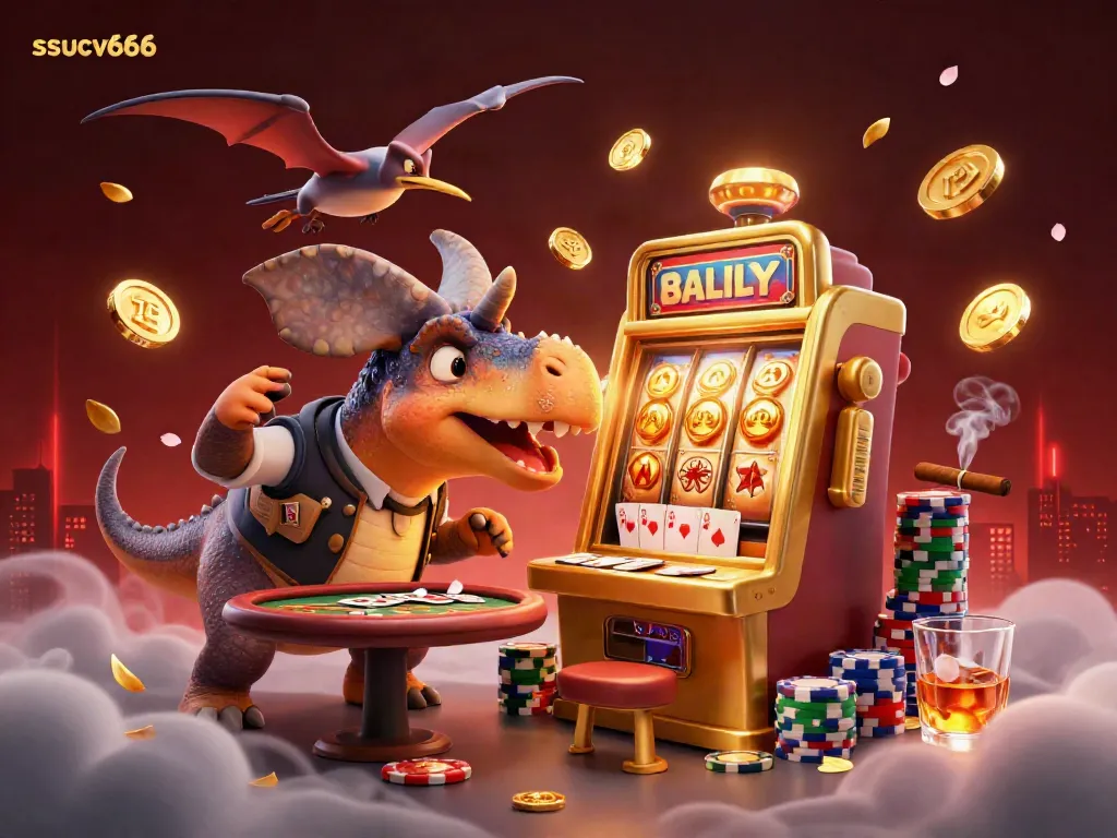 ssucv666 jackpot scene with dinosaurs at a casino, showcasing fun and excitement.