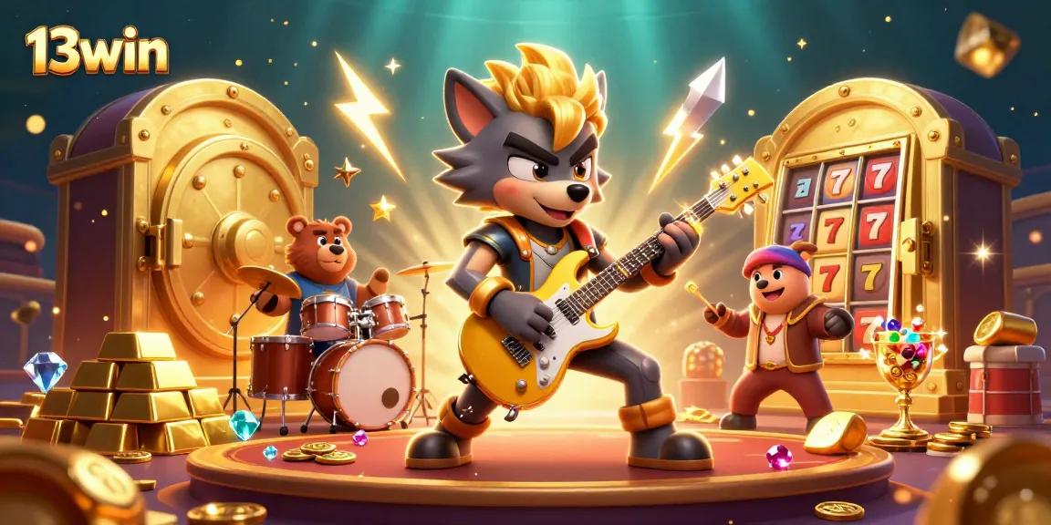 Win big with 13win as a rock star wolf performs on a lively casino stage.