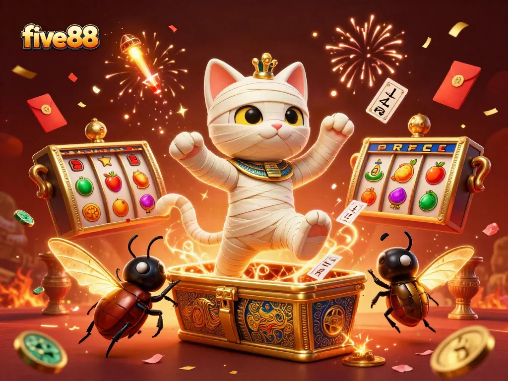Engage with five88's thrilling casino experience featuring a dynamic 3D scene of slot games and ancient Egyptian elements.