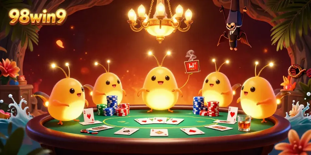 Experience the delightful ambiance of 98win9 featuring glowworms illuminating a vibrant cave casino.