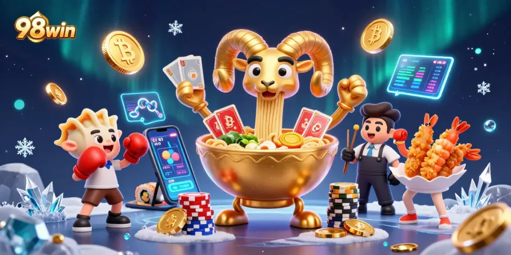 Experience thrilling gaming action with 98win as cartoon characters deal cards and stack chips.