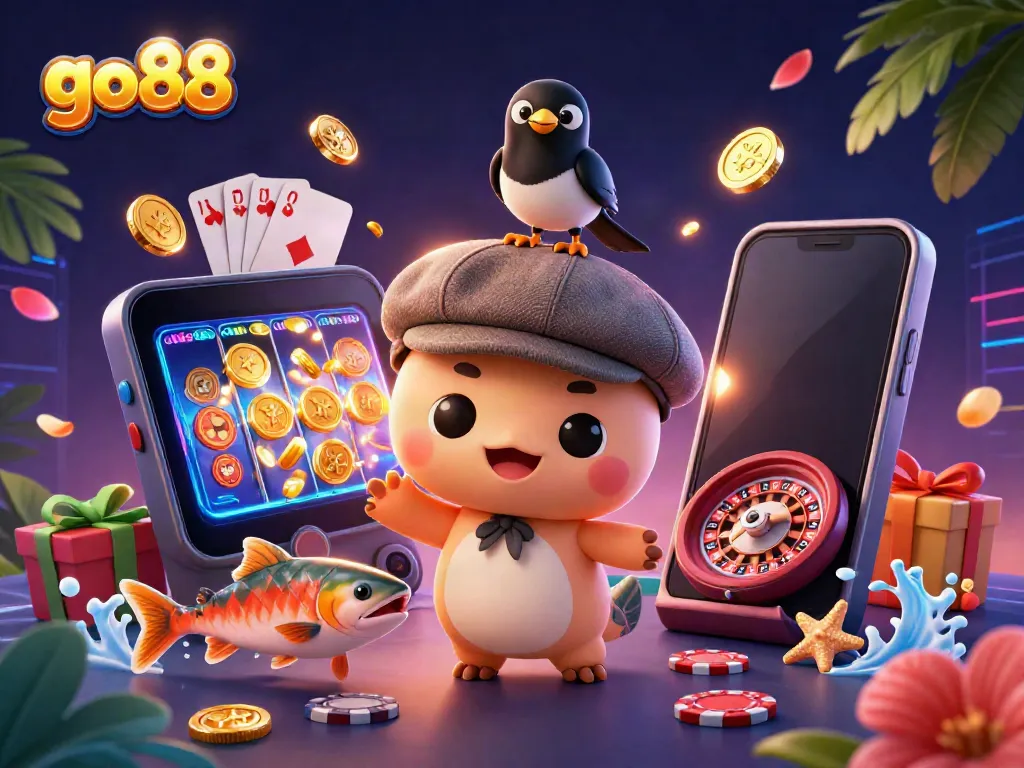 Experience fun gaming with go88 featuring cute characters, vibrant slots, and lively casino elements.