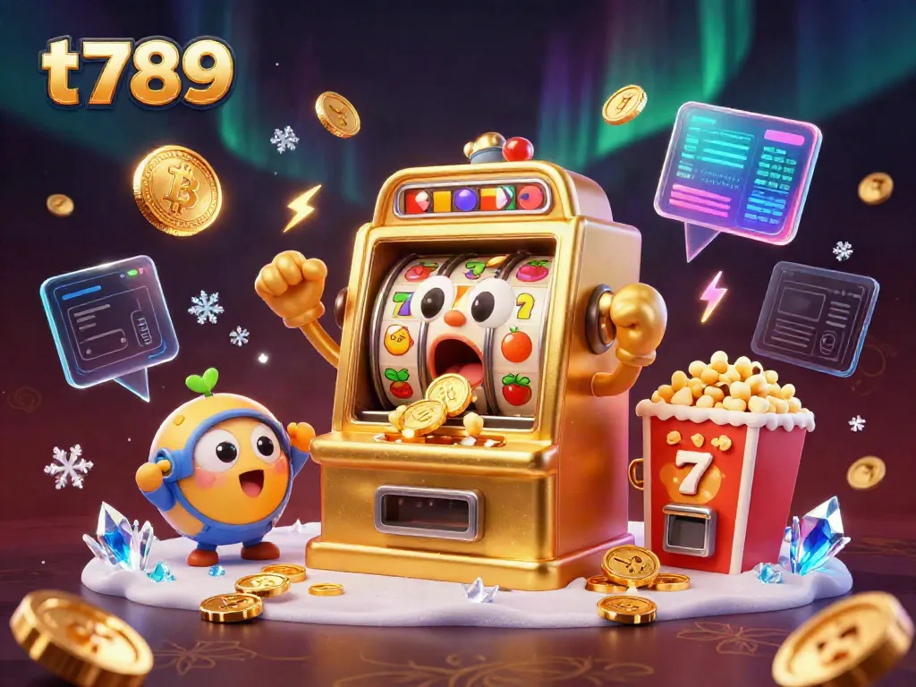 T789 slot machine celebrates a jackpot with cheering baby machines and a golden popcorn machine, surrounded by vibrant casino elements.