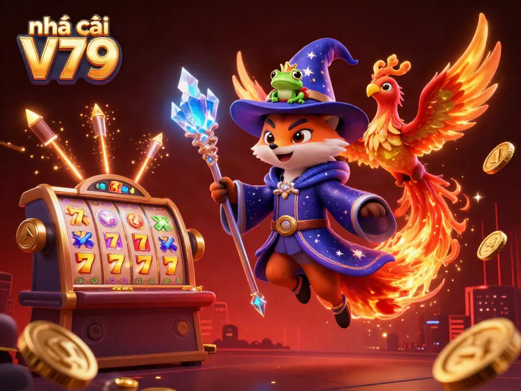 Nhà cái V79 với hình ảnh một chú cáo pháp sư bay lượn giữa casino, xung quanh là đèn vàng sáng và các biểu tượng may mắn.