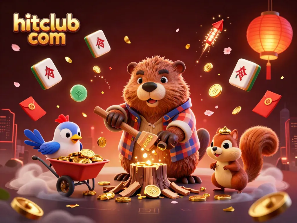 Engage with hitclub com featuring a dynamic cartoon scene of beavers and coins amidst a vibrant casino atmosphere.