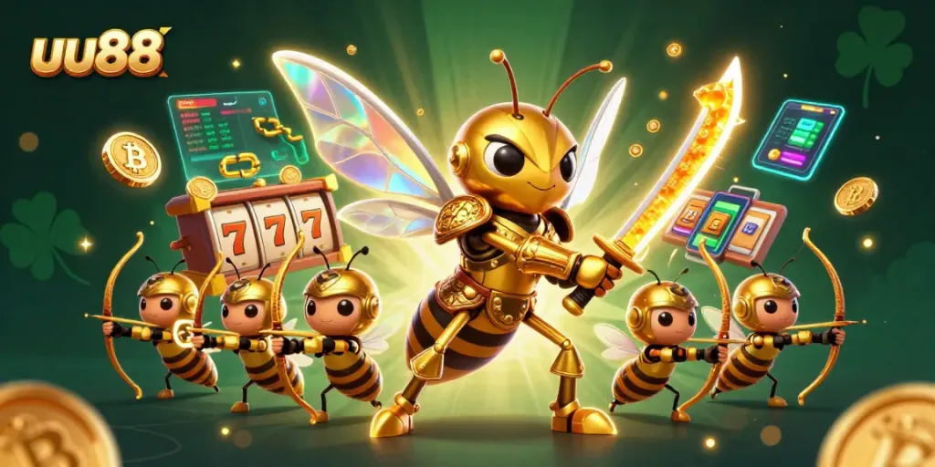 uu88 unlocks exciting gameplay with a dramatic scene of a golden hornet samurai in a vibrant casino-inspired world.