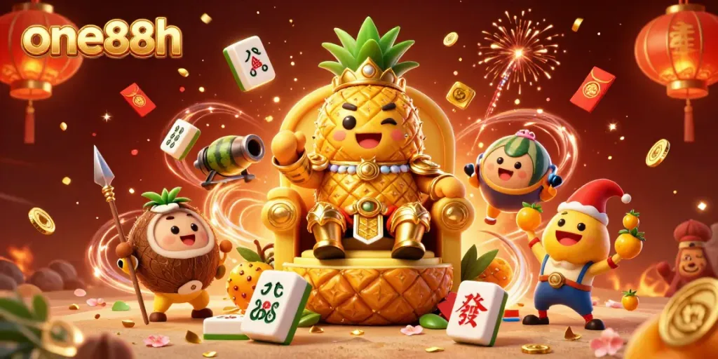 Experience thrilling excitement at one88h's online casino with a golden pineapple king in vibrant action.