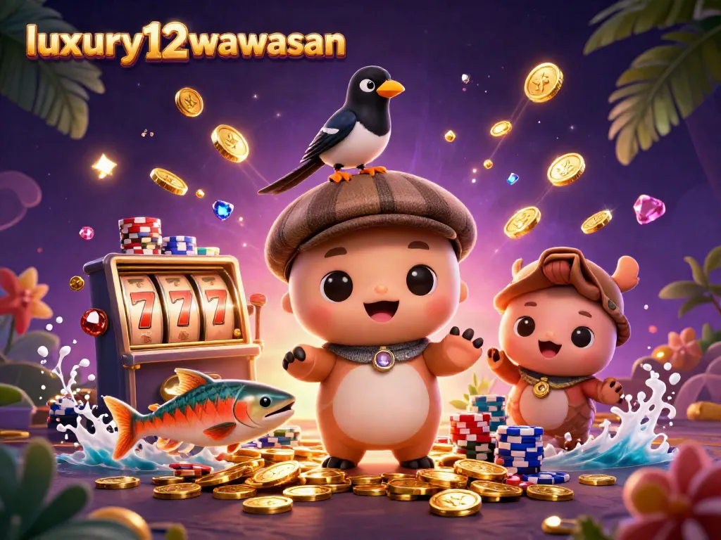 Playfully showcasing luxury12wawasan with colorful slot reels and dynamic casino elements.