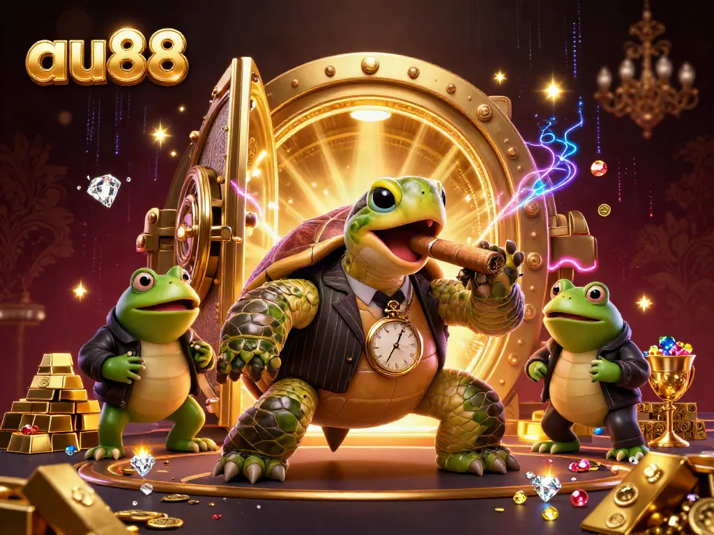 Experience the thrilling atmosphere of au88 casino with 3D characters, gold treasures, and vibrant lights.
