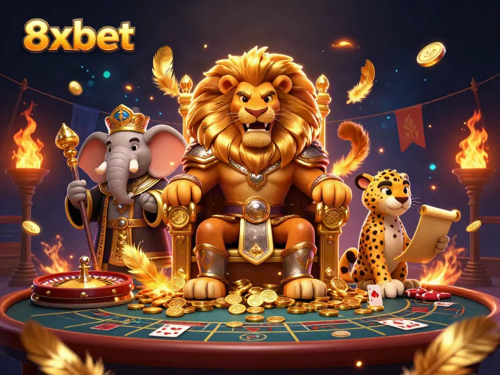 Experience excitement with 8xbet's vibrant live casino atmosphere featuring a lion king, elephant advisor, and cheetah messenger.