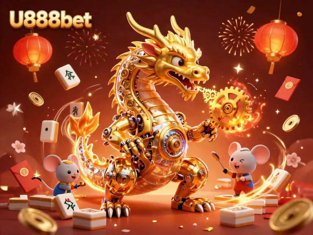 Unleash your fortune with U888bet while the golden dragon breathes treasure in a captivating casino scene.