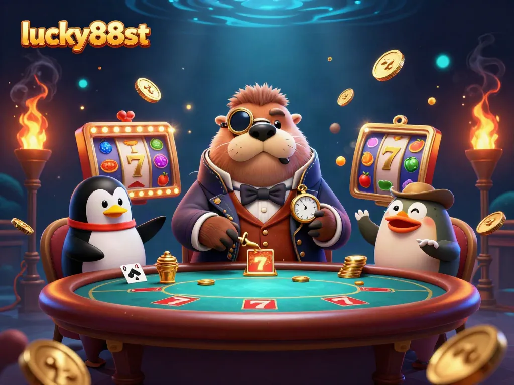 Join the fun at lucky88st with a whimsical underwater casino scene featuring playful characters.