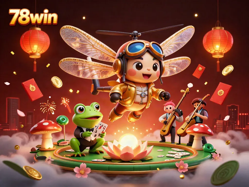 78win showcases a 3D animated scene of a dragonfly pilot and frog dealer in a vibrant casino atmosphere, highlighting gameplay action.