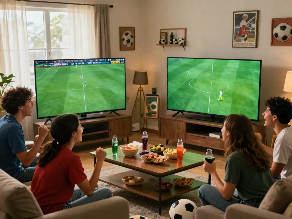 Friends enjoying a live soccer match at home, celebrating with snacks and drinks, focused on cakhiatv's exciting coverage.