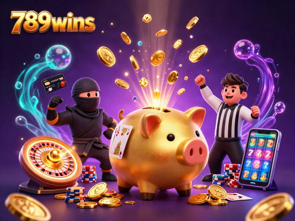 Join the action with 789wins as golden coins rain from a playful piggy bank sumo wrestler in a vibrant casino scene.