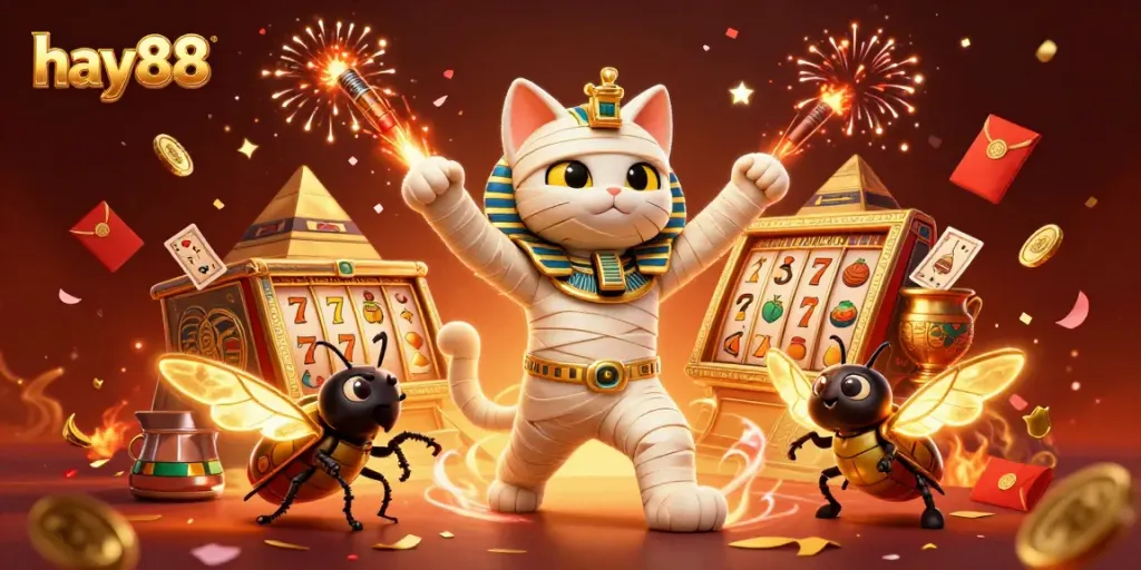 Experience thrilling games at hay88 with a vibrant Egyptian-themed casino illustration.