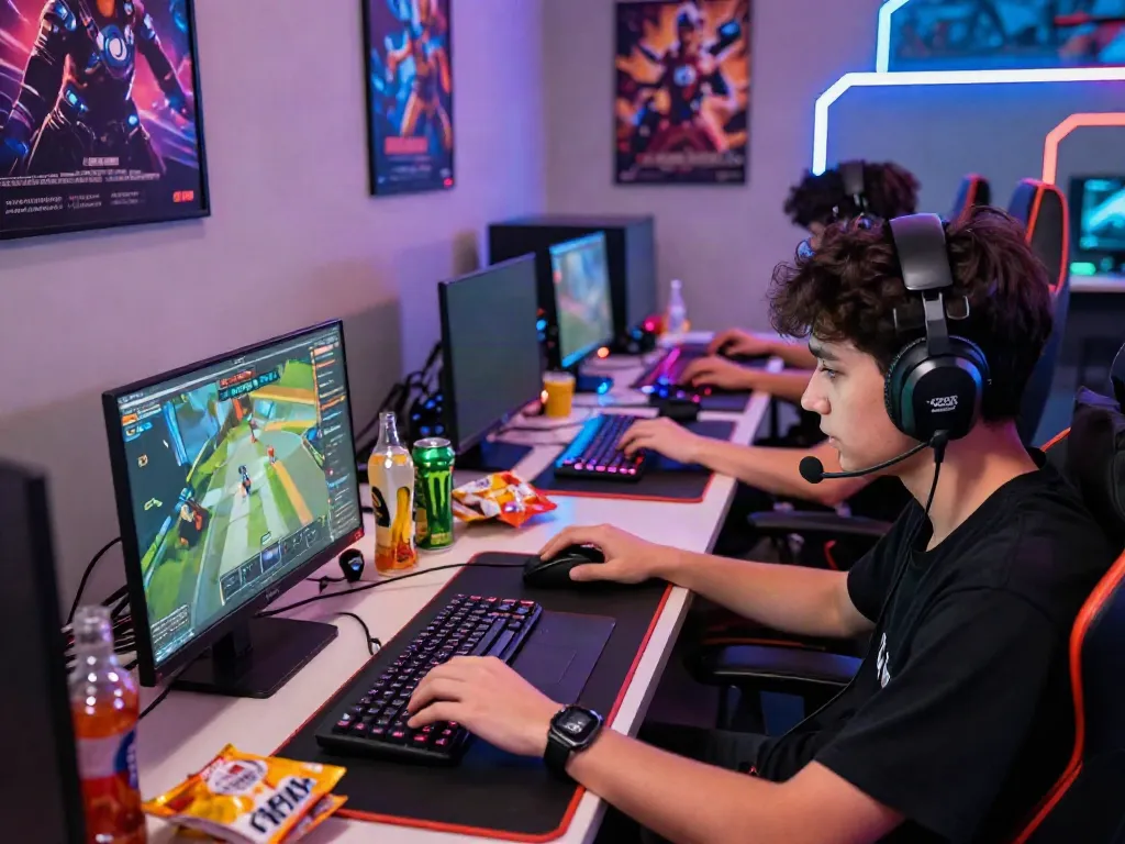 Engaged gamer playing ROKOK88 online game with vibrant visuals and snacks.