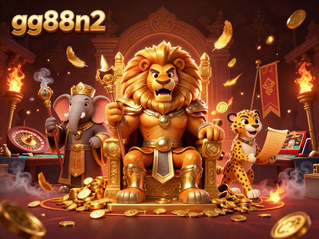 Experience exhilarating wins at gg88n2 with a vibrant 3D casino illustration featuring a lion king, an elephant advisor, and a cheetah messenger.