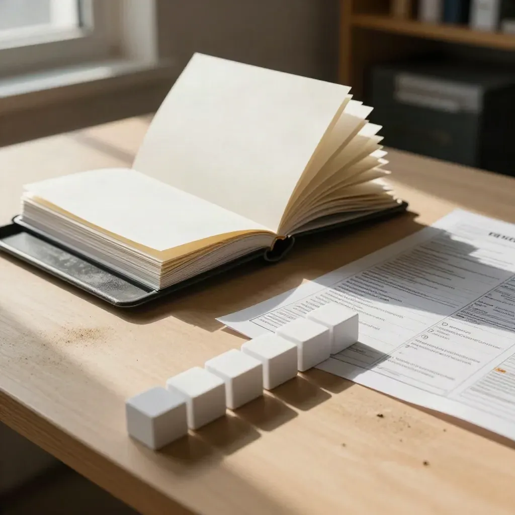 Open binder, task map, and white deadline blocks on sand plaster in late afternoon light.