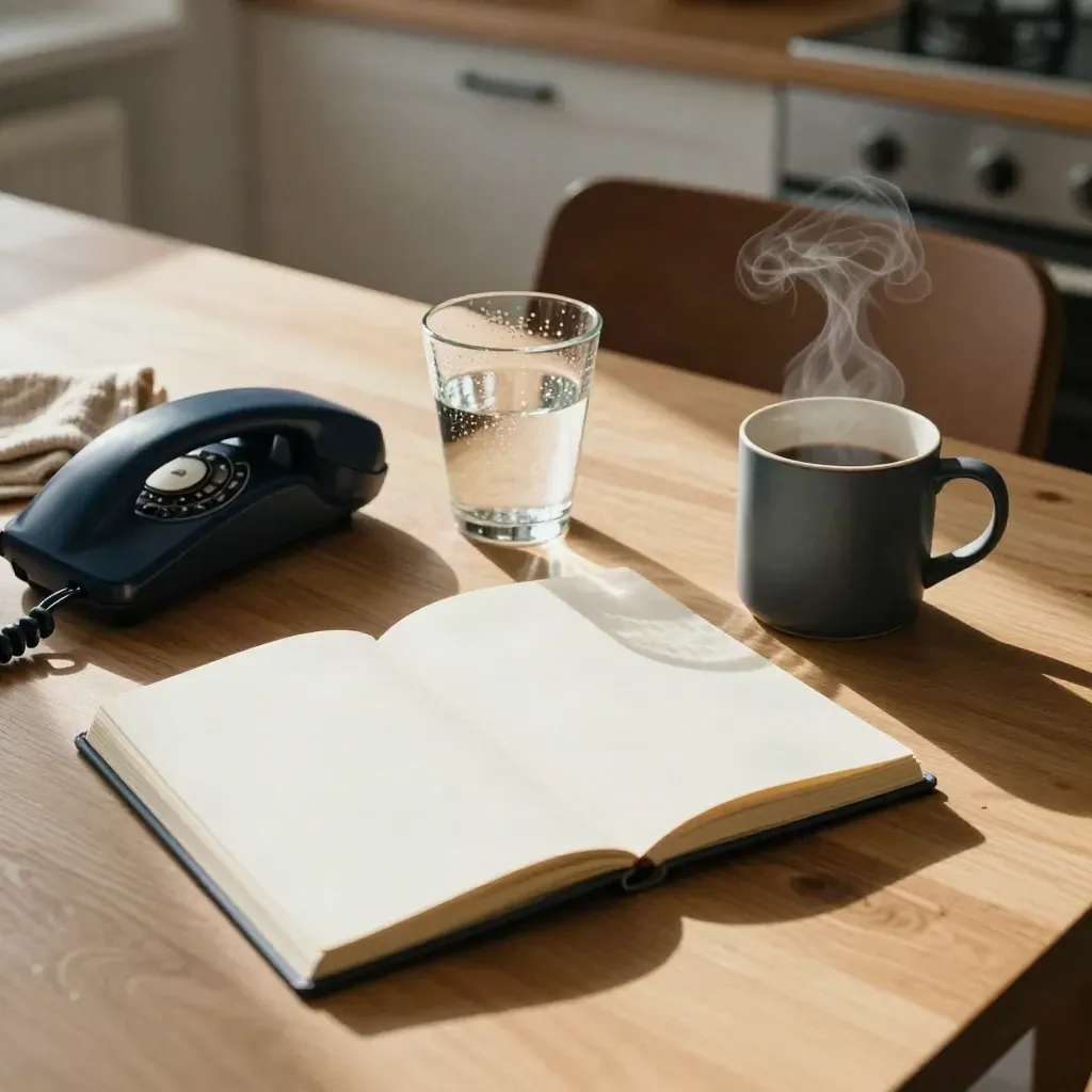 Sunlit breakfast table workspace with phone, notebook, mug, sweater and water glass