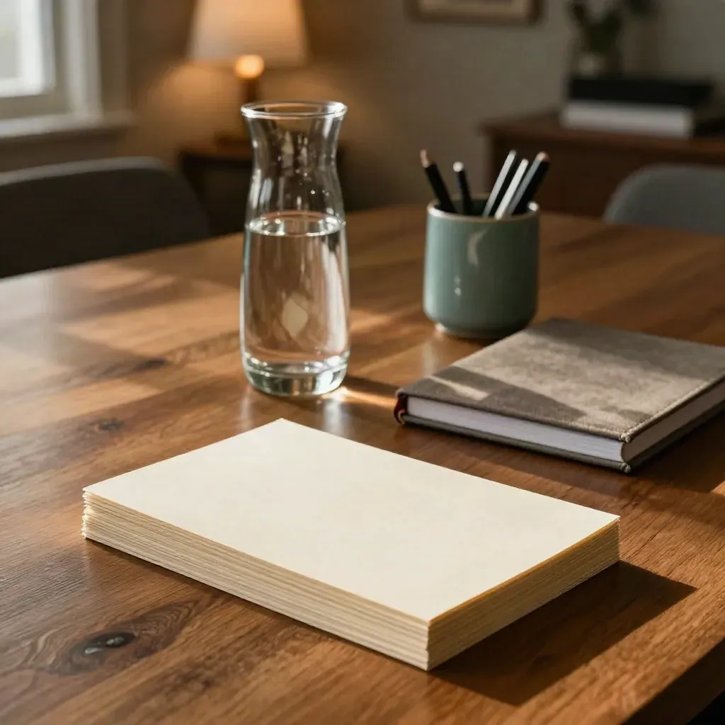 Agenda cards, carafe, closed notebooks and pen cup on a quiet conference table in warm late light.