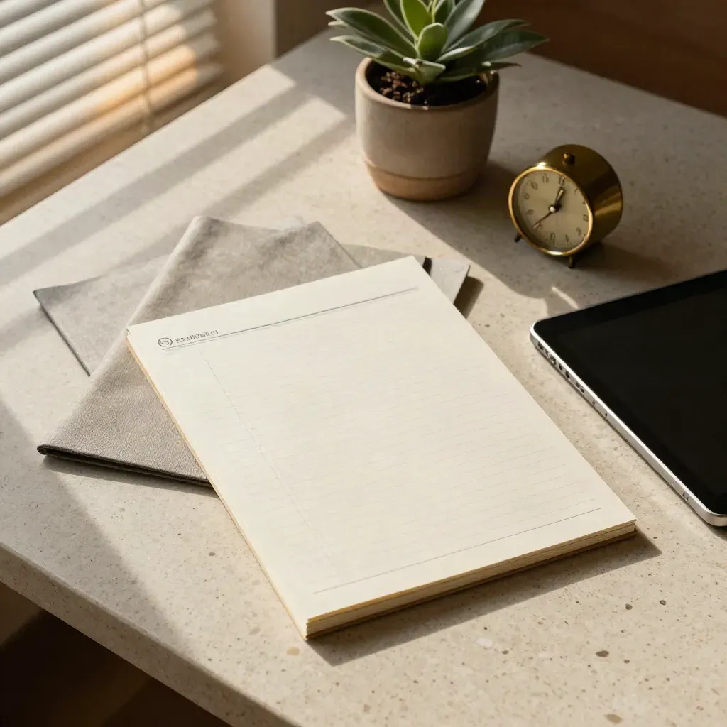 Overhead freelancer desk with planning pad, billing folder, face-down tablet, plant and brass timer.