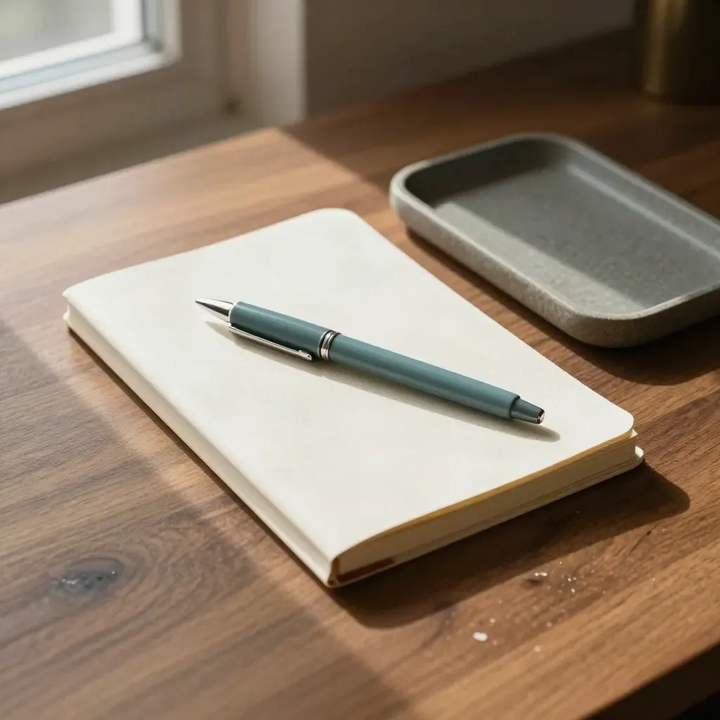 Walnut desktop with a notebook, teal pen, and small tray in bright noon light.